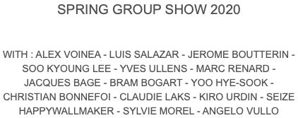 SPRING GROUP SHOW 2020 WITH : ALEX VOINEA - LUIS SALAZAR - JEROME BOUTTERIN - SOO KYOUNG LEE - YVES ULLENS - MARC RENARD - JACQUES BAGE - BRAM BOGART - YOO HYE-SOOK - CHRISTIAN BONNEFOI - CLAUDIE LAKS - KIRO URDIN - SEIZE HAPPYWALLMAKER - SYLVIE MOREL - ANGELO VULLO